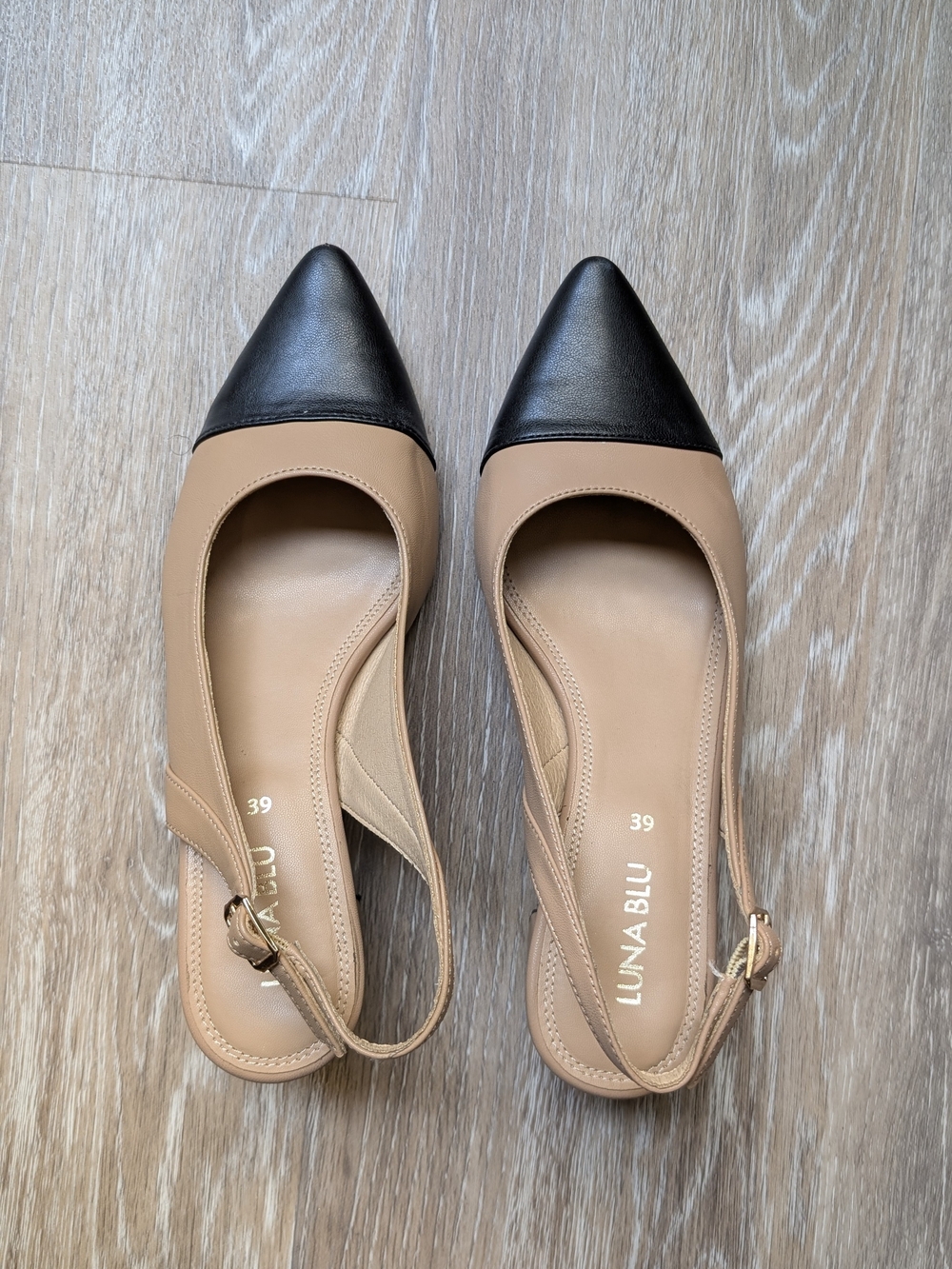 Beige and Black Slingback Heels Size 8.5